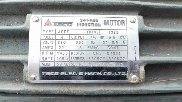 ** เหลือ 1 ลูก ** มอเตอร์ Teco ขนาด 7.5 HP 1450 RPM 380V. ถอดจากคอมแอร์สภาพใสๆสวยสดเดิมมาเทสก่อนได้!!