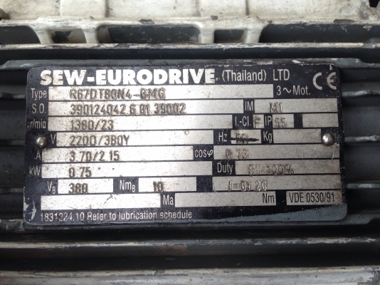 ขายมอเตอร์เกียร์ Sew Eurodrive 1HP. 380V มีระบบเบรคในตัว อัตราทด 1:60 เพลาออกประมาณ 23 รอบต่อนาที สภาพสวยเดิมๆ วิ่งนิ่มมาก พร้อมใช้งาน มี 2ตัวครับ ขายมอเตอร์เกียร์ Sew Eurodrive 1HP. 380V มีระบบเบรคในตัว อัตราทด 1:60 เพลาออกประมาณ 23 รอบต่อนาที สภาพสวยเดิมๆ วิ่งนิ่มมาก พร้อมใช้งาน มี 2ตัวครับ