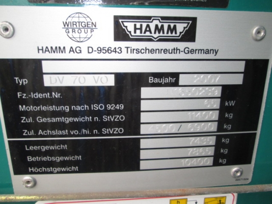 TENDAM ROLLER MAKER;HAMM MODEL: DV70VO S/NO;H1650239 TENDAM ROLLER MAKER;HAMM MODEL: DV70VO S/NO;H1650239