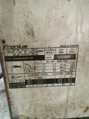 เครื่องเชื่อมไฟฟ้า ยี่ห้อ"FRONIUS" รุ่น TRANS POCKET VP450