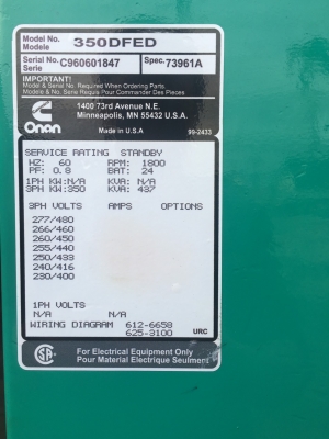 เครื่องกำเนิดไฟฟ้า CUMMINS ONAN NTA-855-G3 (รุ่น HTC)/437KVA(Gen Set)