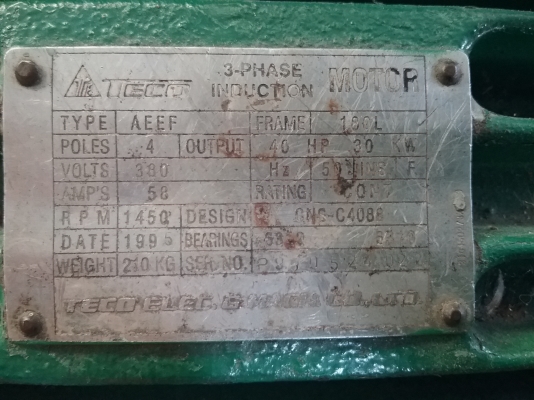 ขาย 35,000 บาท มอเตอร์ 40 HP. TECCO 4 Pole 380V.สภาพสวย พร้อมใช้ หนัก 210 kg. ขาย 35,000 บาท มอเตอร์ 40 HP. TECCO 4 Pole 380V.สภาพสวย พร้อมใช้ หนัก 210 kg.