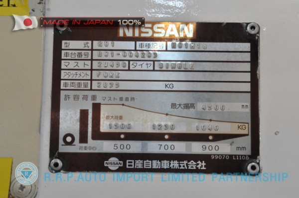 ขายรถโฟล์คลิฟท์มือสอง NISSAN รุ่น H01A15-004203 ราคา155,000 บาทนำเข้าจากประเทศญี่ปุ่น 100\% ไม่เคยใช้งานในประเทศไทย