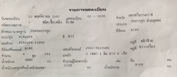 รถยี่ห้ออีโน่  รถปี 2547  รุ่นFC4JJPA  ขนาด 150 แรงม้า  รหัสแซซซี FC4JJPA