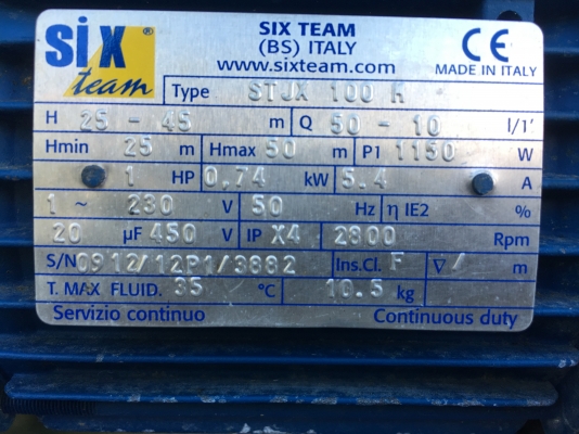 ปั้มน้ำหัวสแตนเลส SIX team Made in ITALY ขนาด 1 HP ไฟบ้าน 220V สภาพสดใหม่เดิมๆมาเทสก่อนได้!!