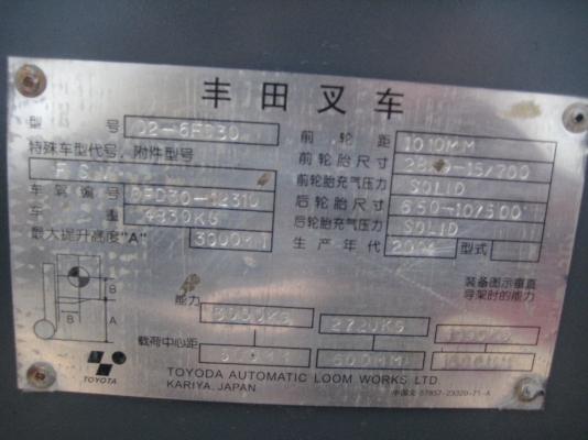 ขาย Fork lift โฟคลิฟ โตโยต้า นำเข้า รุ่น 6FD30 3 ตัน สูง 3 เมตร