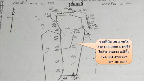 ขายที่ดิน 38-3-98 ไร่ ราคา 130,000 บาท/ไร่ ใกล้ทางหลวง 201 กม.14  อ.สีคิ้ว