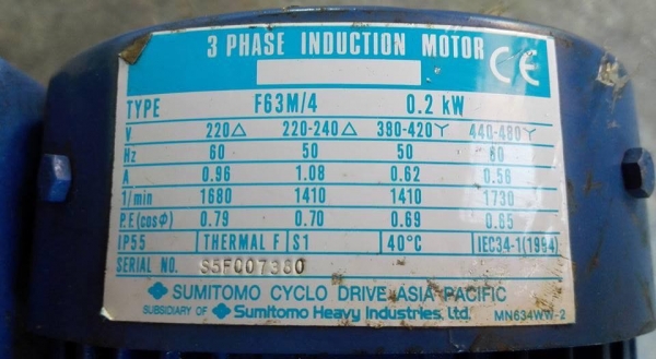 ** ของใหม่!! ** มอเตอร์เกียร์ Sumitomo 1/3 HP ทด 1:1003 เพลาออก 1.5 RPM 380V รุ่นพิเศษทดหนักหมุนช้า