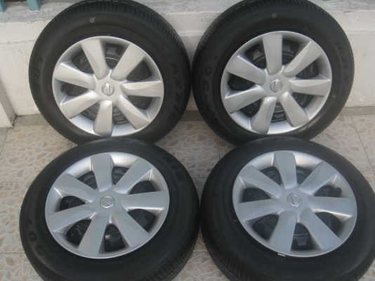 ขายกะทะล้อ nissan march 14" 4/100 +ฝาครอบ+ยางปลายปี12(081-3747940)