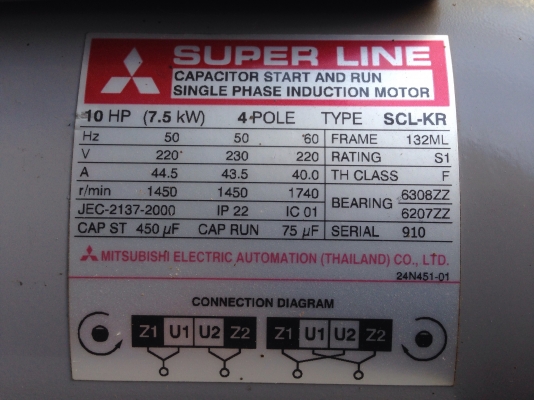 ขายมอเตอร์ไฟฟ้า Mitsubishi 10HP. 220V 1450rpm. รุ่น SCL-KR ไฟบ้านหายาก สภาพของใหม่ วิ่งนิ่ม พร้อมใช้งาน