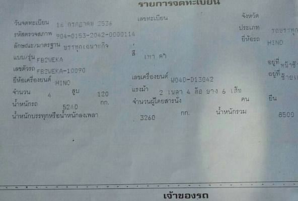รถฮีโน่ 6 ล้อ ( บรรทุกสเปรย์ยาง ) FB2W / 120 แรงม้า. ปี 36. สนใจติดต่อ 081 - 6079515