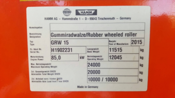 ขาย รถบดล้อยาง 8 ล้อ HAMM GRW-15 ออกห้างมือเดียวปี 58 ใช้งานแค่ 100 ชม. เอกสารเล่มทะเบียนครบ ราคาคุยกันได้