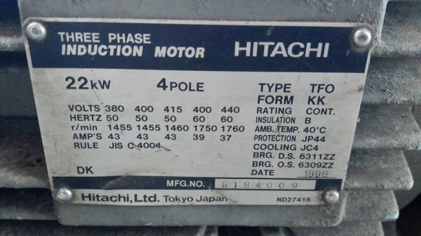 ** Sold ** มอเตอร์ Hitachi 30 HP 1450 RPM 380V สดนอกพร้อมใช้งาน