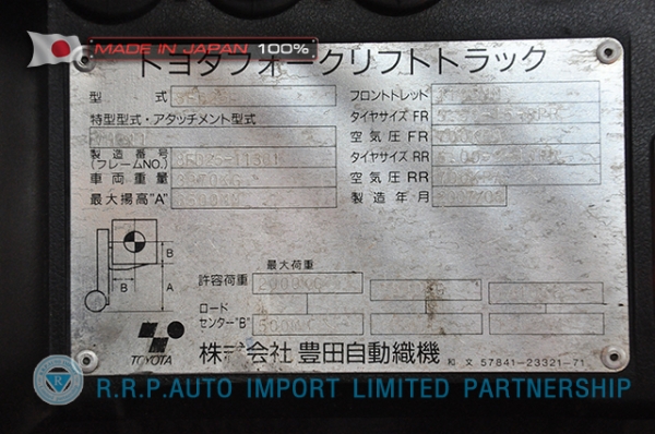 รถโฟล์คลิฟท์พร้อมขาย TOYOTA รุ่น  8FD25-11301 นำเข้าจากประเทศญี่ปุ่น 100\% ไม่เคยใช้งานในไทย