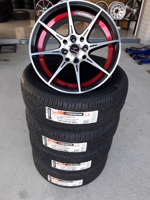 ล้อใหม่YACHIYODA ขอบ15 หน้าเงาคลิปฟ้า 4รู100-114 กว้าง7 ET35 พร้อมยางใหม่ 4 ล้อ