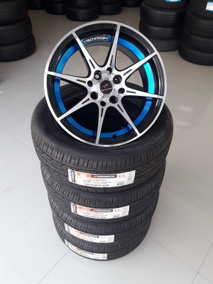 ล้อใหม่YACHIYODA ขอบ15 หน้าเงาคลิปฟ้า 4รู100-114 กว้าง7 ET35 พร้อมยางใหม่ 4 ล้อ