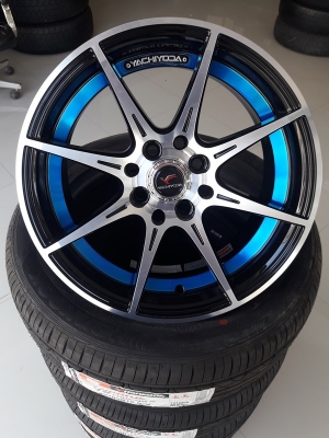 ล้อใหม่YACHIYODA ขอบ15 หน้าเงาคลิปฟ้า 4รู100-114 กว้าง7 ET35 พร้อมยางใหม่ 4 ล้อ