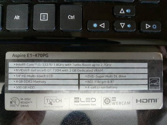 โน๊ตบุ๊ค ACER รุ่น E1-470F Core i5-3337U 1.8 GHz RAM 4 GB Hdd 500 GB การ์ดจอ Geforce 720M สภาพใหม่ ที่ชาร์ท