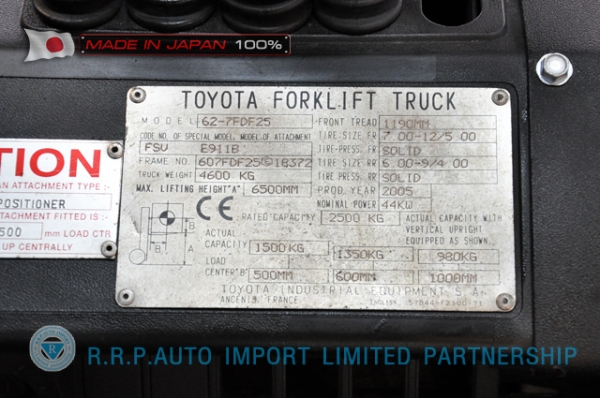 ขายรถโฟล์คลิฟท์มือสอง TOYOTA รุ่น 7FD25-18372 นำเข้าจากประเทศญี่ปุ่น 100\% ไม่เคยใช้งานในไทย