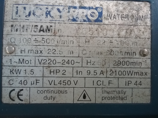 ขาย 8 พัน ปั๊มน้ำชนิดแรงดันสูง ขนาด 2 HP. ใช้ไฟบ้าน อัตราการปั๊ม 600 ลิตร/นาที ความสูงน้ำ 22.5 เมตร ขนาดท่อ 2 นิ้ว แรงดันสำหรับอาคารสูงไม่เกิน 7 ชั้น พร้อมใช้งาน มาขนเอาเอง