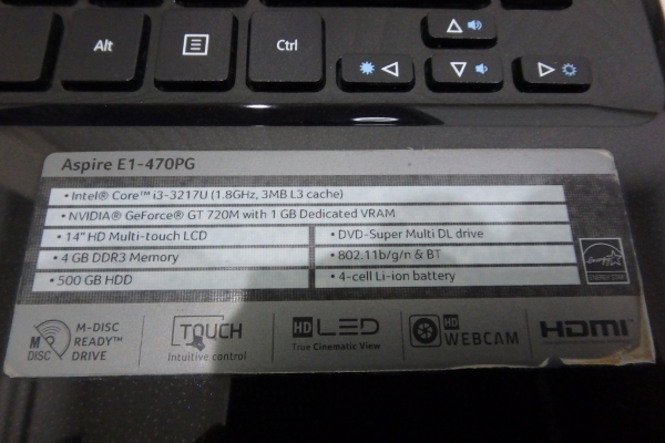 โน้ตบุ๊ค Acer รุ่น E1-470PG Core i3-3217U จอสัมผัส Ram4G HDD500GB การ์ดจอ 720M สีดำ ที่ชาร์ท กระเป๋า