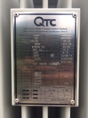 ขายหม้อแปลงไฟฟ้าขนาด 1000kva ยี่ห้อ QTC Hv22000 Lv400/230 ปี13/08/14 สอบถามเพิ่มเติมและนัดดูได้ที่ pipat 098-2641749