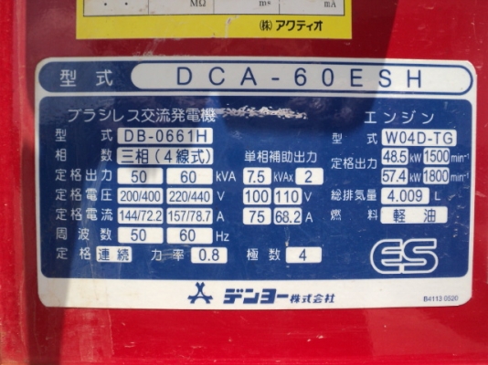 เครื่องปั่นไฟ DCA60ESH # 3784620 มือสองญี่ปุ่น