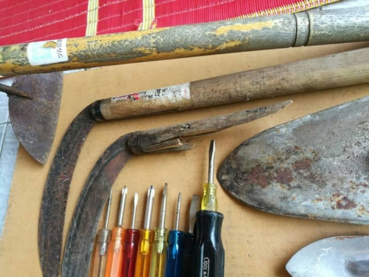 550 บ. ส่งฟรี083-2000058  LINE ID: line832923 A.38   ชุดเครื่องมืองานทำสวนต่างๆ 11 ชิ้น - เคียวโค้งคม 2 อัน (ต้องเปลี่ยนด้ามใหม่ 1 อัน ) - -คราดคม - พลั่วแทงดิน 2 อัน - กรรไกร - กรรไกรตัดแต่ง - ไขควงต่อสวมด้าม 9 อัน - คีมเอนกประสงค์ 2 อัน - ประแจเลื่