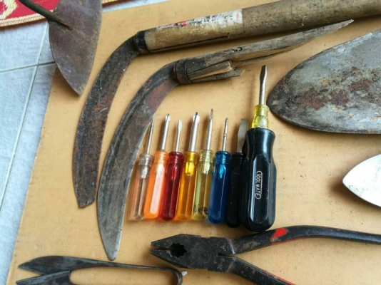 550 บ. ส่งฟรี083-2000058  LINE ID: line832923 A.38   ชุดเครื่องมืองานทำสวนต่างๆ 11 ชิ้น - เคียวโค้งคม 2 อัน (ต้องเปลี่ยนด้ามใหม่ 1 อัน ) - -คราดคม - พลั่วแทงดิน 2 อัน - กรรไกร - กรรไกรตัดแต่ง - ไขควงต่อสวมด้าม 9 อัน - คีมเอนกประสงค์ 2 อัน - ประแจเลื่