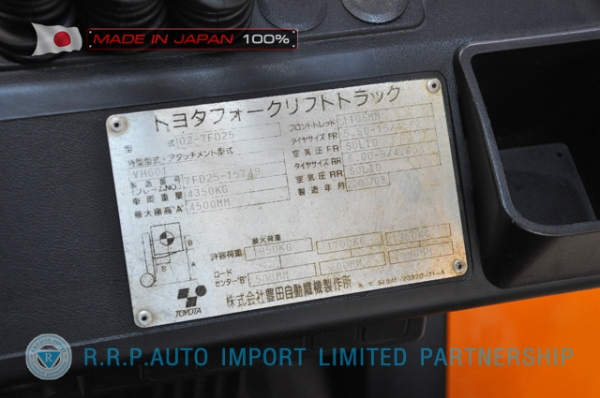 ขายรถโฟล์คลิฟท์มือสอง TOYOTA รุ่น 7FD25-15749 นำเข้าจากประเทศญี่ปุ่น 100\% ไม่เคยใช้งานในไทย