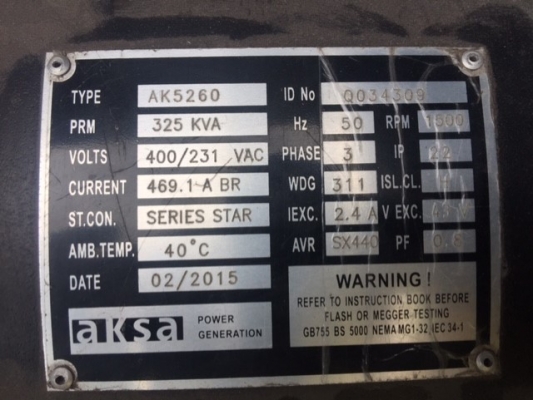 ขายเครื่องปั่นไฟ aksa genset 350kva Cummins NTA855-G1B,Aksa 325/350kva pipat 098-2641749