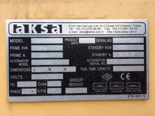 ขายเครื่องปั่นไฟ aksa genset 350kva Cummins NTA855-G1B,Aksa 325/350kva pipat 098-2641749