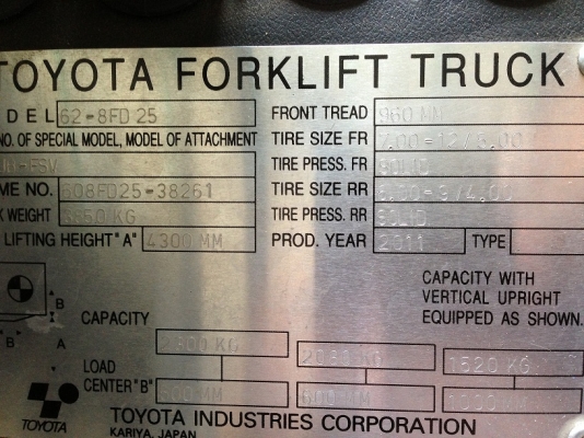 ขาย TOYOTA 8FD25 รถปี 2011 465 ชั่วโมงทำงาน สภาพสวยมาก ขาย TOYOTA 8FD25 รถปี 2011 465 ชั่วโมงทำงาน สภาพสวยมาก