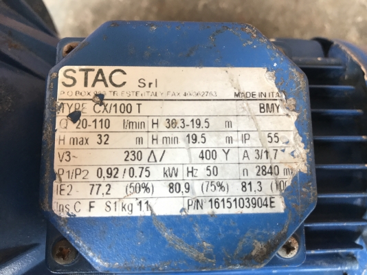 ขายปั้มน้ำหอยโข่งหัวสแตนเลส Stac 1HP. 380V made in Italy สภาพดีเดิมๆ วิ่งนิ่ม พร้อมใช้งาน