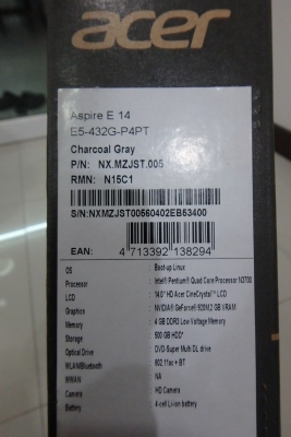 โน๊ตบุ๊ค Acer Aspire E14 E5-432G-P4PT Quad Core N3700 Ram 4G HDD 500GB สภาพใหม่ ที่ชาร์ท กล่อง คู่มือ