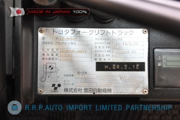 ขายรถโฟล์คลิฟท์มือสอง TOYOTA รุ่น 8FD25-34615 นำเข้าจากประเทศญี่ปุ่น 100\% ไม่เคยใช้งานในไทย