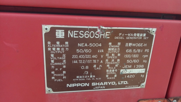 เครื่องปั่นไฟนำเข้า Nippon Sharyo NES60SHE ปี 1999 1,836 ชม โทร 061-4194021 พรภวิษย์