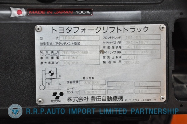 ขายรถโฟล์คลิฟท์มือสอง TOYOTA รุ่น FD30-20688 นำเข้าจากประเทศญี่ปุ่น 100\% ไม่เคยใช้งานในไทย