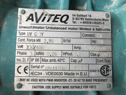 ขายมอเตอร์สั่น-เขย่า Aviteq made in EU ขนาด 1/3HP. 380V สภาพสวยหมุนนิ่ม สั่นแรง พร้อมใช้งาน มี 2ตัวครับ