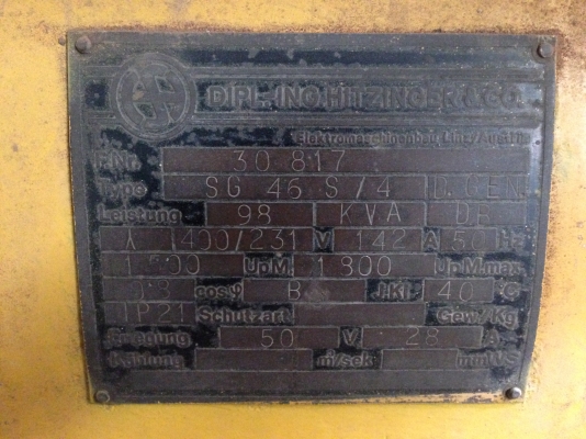 เครื่องปั่นไฟ HITZINGER เครื่อง DEUTZ 98KVA เครื่องปั่นไฟ HITZINGER เครื่อง DEUTZ 98KVA