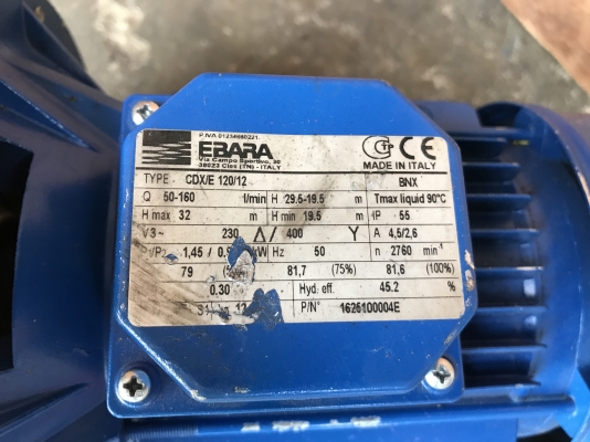 ขายปั้มน้ำหัวสแตนเลส Ebara 1.2HP. 380V สภาพสวยมาก พร้อมใช้งาน