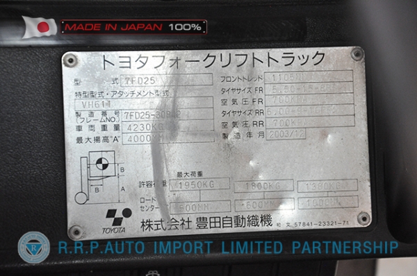 ขายรถโฟล์คลิฟท์มือสอง TOYOTA รุ่น 7FD25-30842 นำเข้าจากประเทศญี่ปุ่น 100\% ไม่เคยใช้งานในไทย