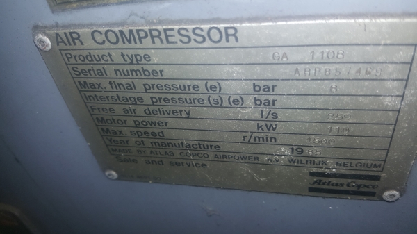 ปั๊มลมสกรูขนาด 250 Kwปี 97= 2 ตัวๆละ220,000 110 kwปี94= 2 ตัวๆละ170,000แอร์ดายเออร์1ตัว