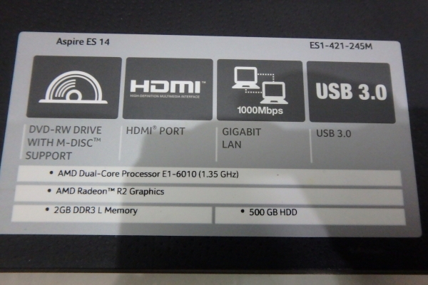 โน๊ตบุ๊ค Acer Aspire ES1-421 AMD E1-6010 Ram 2G HDD 500GB ที่ชาร์ท กระเป๋า โน๊ตบุ๊ค Acer Aspire ES1-421 AMD E1-6010 Ram 2G HDD 500GB ที่ชาร์ท กระเป๋า