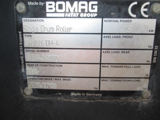 รถบดสั่นสะเทือน 25 ตัน (Vibration Roller 25 Ton ) ยี่ห้อ BOMAG รุ่น BW226DH-4 ซีเรียล 101584061002 ปี 2011 ชั่วโมงทำงาน 7335 ชั่วโมง
