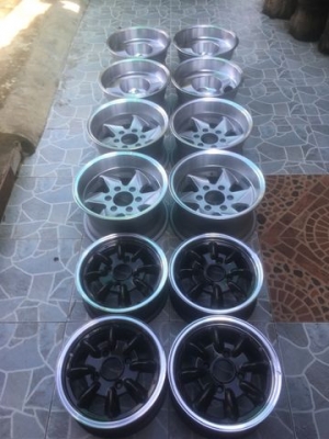 ล้อกล้วย japan ขอบ13 กว้าง 5.5 ET38 4.114 ทำสีเทาดำ ขอบเงา ใหม่  สวยๆ พร้อมใช้