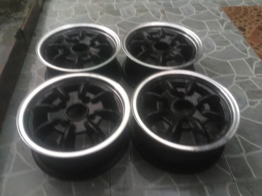 ล้อกล้วย japan ขอบ13 กว้าง 5.5 ET38 4.114 ทำสีเทาดำ ขอบเงา ใหม่  สวยๆ พร้อมใช้