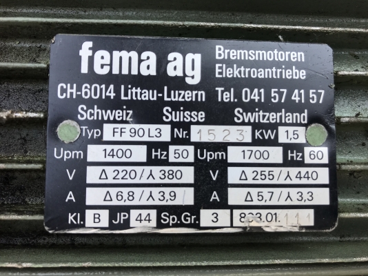 ขายมอเตอร์เบรค Fema ag 2HP. 380V 1400rpm. มีระบบเบรคในตัว สภาพสวย พร้อมใช้งาน