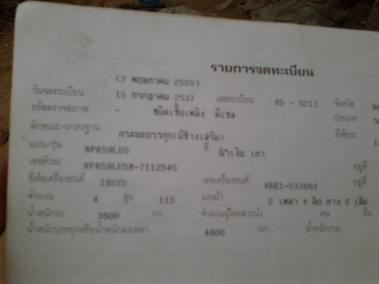 ขาย 6ล้อ "แก้มเหลือง" ห้างแท้ ISUZU NPR59LU5M ปี37 วางเครื่อง4BE1 110แรง(ลงเล่ม) แรงดี ไม่หลวม ไม่เยิ้ม เกียร์ ROCK ใหญ่ๆ ช่วงล่างใหญ่ Fหลัง คัสซีดี เดิม ไม่บวมไม่แตก กระบะพื้นไม้คอกเหล็ก 4.30ม.สภาพดี ฝาทึบไม่มีผุ พื้นดี ยางดี6เส้น หัวบางเดิม สี
