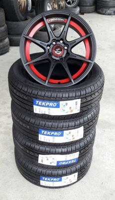 ล้อใหม่YACHIYODA ขอบ15 หน้าดำคลิปแดง 4รู100-114  พร้อมยางใหม่ 4 ล้อ